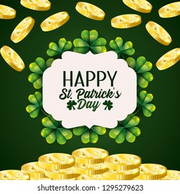 label with clovers and coins to st patrick celebration