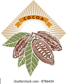 Label with cocoa beans and green leaves.