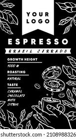 Label for coffee packaging on a black background. Vector illustration with coffee tools, for print and social media for coffee shop and restaurant.