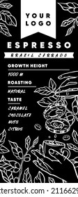 Label for coffee packaging on a black background. Vector illustration with coffee tools, for print and social media for coffee shop and restaurant.