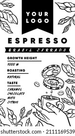 Label for coffee packaging on a white background. Vector illustration with coffee tools, for print and social media for coffee shop and restaurant.