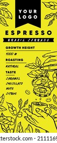 Label for coffee packaging on a yellow background. Vector illustration with coffee tools, for print and social media for coffee shop and restaurant.