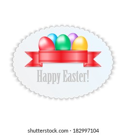 Label with colorful Easter eggs isolated on white background