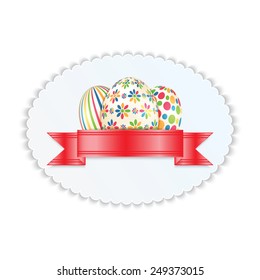Label with colorful Easter eggs isolated on white background 