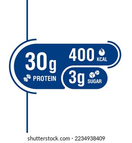 Label for composition of chocolate bar or energy drink - value of Protein, Sugar and calories. Isolated sticker