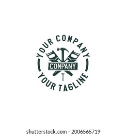 label construction carpentry, hammer, handsaw, nail, repair, vintage retro for business is a home renovation company.