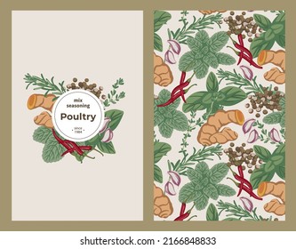 Label Cover And Seamless Pattern Seasoning For Poultry Basil, Ginger, Chili Pepper, Garlic, Allspice, Rosemary, Mint, Turmeric, Thyme. Flat Style