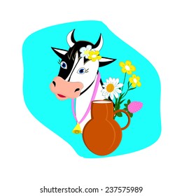Label of cow with bell, flower and milk jug, illustration,vector