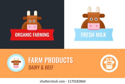 Label for Cow Farm. Cartoon Cow Mascot with Captions on different background - Logo for Farm with Nature Product, Milk and Beef