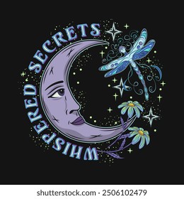 Label with crescent moon with face, fantasy pixie dragonfly, stars, text. Mythological fairy tale, mystical concept. For clothing, apparel, T-shirts, kids design