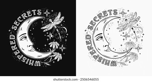 Label with crescent moon with face, fantasy pixie dragonfly, stars, text. Mythological fairy tale, mystical concept. For clothing, apparel, T-shirts, kids design