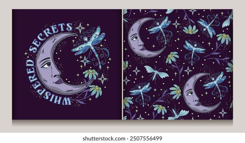 Label with crescent moon with face, fantasy pixie dragonfly, stars, text. Mythological fairy tale, mystical concept. For clothing, apparel, T-shirts, kids design