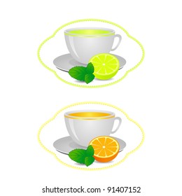 Label with a cup, orange and lemon isolated on white. Vector illustration