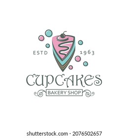 label with cupcake for bakery shop isolated on white background