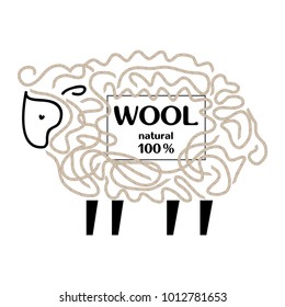 Label with cute sheep and wool threads. Vector image. Design for firms engaged in the production of goods and of yarn wool. 