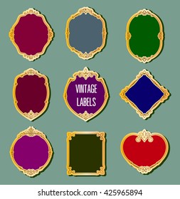 Label cutout paper frames with flourish decoration,Vintage icon set on striped seamless background. Calligraphic design elements.