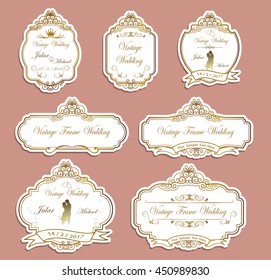 Label cutout paper frames with flourish decoration,colorful greeting wedding invitation card illustration set. Flower vector design concept collection