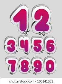 Label with cutting lines, of the numbers from 1 to 9, vector illustration