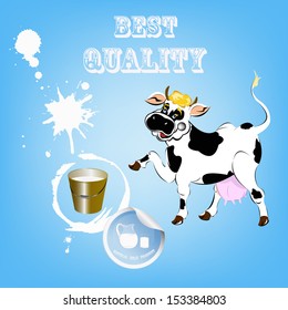 Label dairy products.A cheerful cow and a bucket of fresh milk