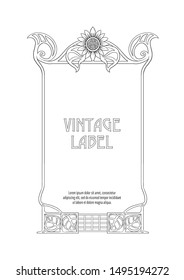 Label, decorative frame, border. Good for product label. with place for text Outline hand drawing vector illustration. In art nouveau style, vintage, old, retro style. Isolated on white background.	