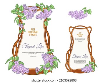 Label, decorative frame, border with lilac flowers. Template for product label, cosmetic packaging. Easy to edit. Vector illustration. In art nouveau style, vintage, old, retro style.