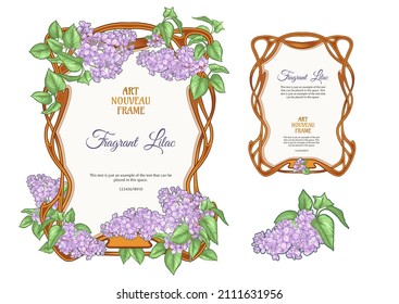 Etiqueta, marco decorativo, borde con flores de lilo. Plantilla para etiqueta de producto, embalaje cosmético. Fácil de editar. Ilustración vectorial. En estilo Art Nouveau, el estilo vintage, antiguo, retro.