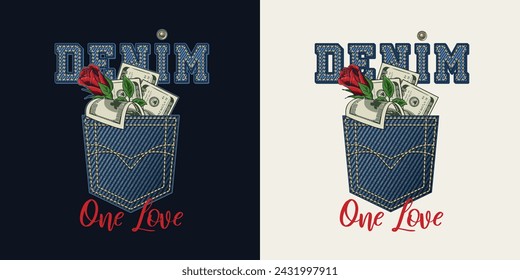 Etikett mit Denim-Gesäßtasche, herausstehende 100 USD-Dollar-Scheine, rote Rose, Text. Komposition im Vintage-Stil auf schwarzem, weißem Hintergrund. Für Kleidung, T-Shirt, Oberflächendesign.