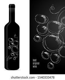 Label design for a bottle of wine with a bunch of grapes. Vector illustration.