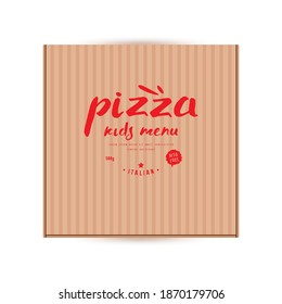 Label design for box of pizza. Hand-drawn style. Red print on craft paper 