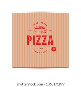 Label design for box of pizza. Red print on craft paper
