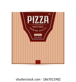 Label design for box of pizza in western style. Text on brown background