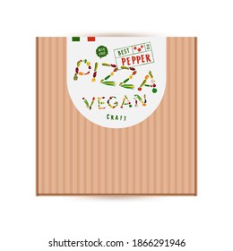 Label design for box of vegan pizza. Hand-drawn style. Text on white background