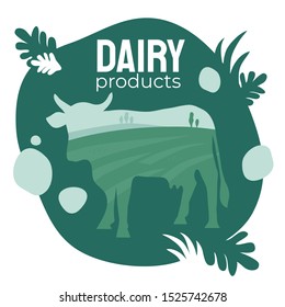 Diseño de etiquetas para productos lácteos. Silueta de vaca con paisaje, tierras de labranza adentro. Símbolo de empresa lechera, granja, mercado de agricultores, feria. Ilustración vectorial para el embalaje de leche. Etiqueta de plantilla, emblema.