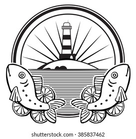 Label Design, with drawn fresh fish, vector illustration black and white graphic, isolated on white