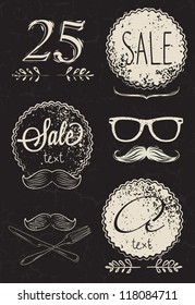 Label design elements, mustache, fork, knife, glasses, frame drawing on black background.