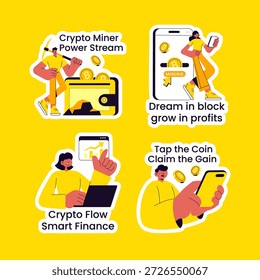 Design de etiqueta com negociação de carteira criptomoeda com ilustração desenhada à mão de desenhos animados planos
