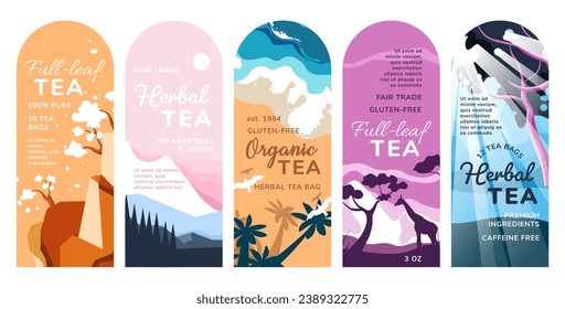 Label design for herbal tea package design set. Organic drink product sticker collection with ingredient quality sign, vector illustration. Colorful tag with nature landscape decoration