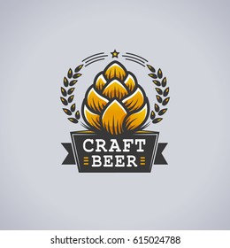 Label design with hop graphic surrounded with wreath and banner with craft beer text. Vector illustration in retro woodcut style