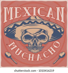 Label design with illustration of a skull with the sombrero and maracas on the background. 
