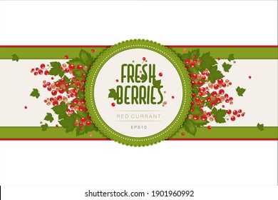 Label design for jam or berries. Red currant berries and leaves. Packaging, box template. Farm products, eco product