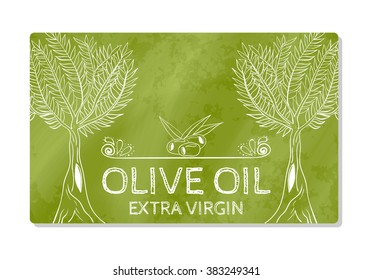 Label design for olive oil extra virgin isolated on a white background. Card in hand drawn style. Vector illustration