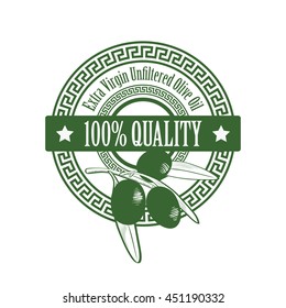 Label design for olive oil isolated in green color isolated on white background. Vector illustration.