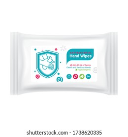Label design for packaging of antibacterial hand wipes, sticker design for protection products against coronavirus infections and viruses, hand protection emblem against covid-19, mockup vector	