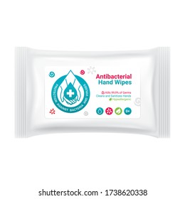 Label design for packaging of antibacterial hand wipes, sticker design for protection products against coronavirus infections and viruses, hand protection emblem against covid-19, mockup vector	