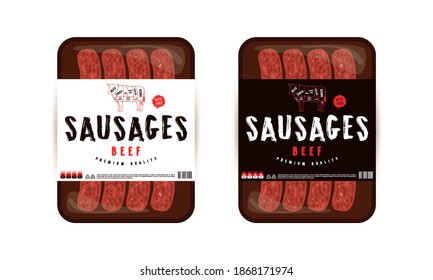 Diseño de etiquetas para envasar salchichas de carne. Estilo dibujado a mano. opción Esquema de color