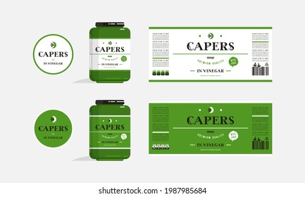 Etikettendesign für die Verpackung von Kapern in Essig. Layoutvorlagen und -präsentation auf dem Glas
