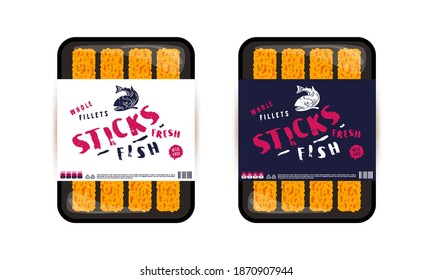 Label design for packaging of fish sticks. Hand-drawn style. Color scheme option
