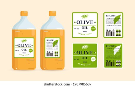 Label design for packaging of olive oil. Layout templates and presentation on the bottle
