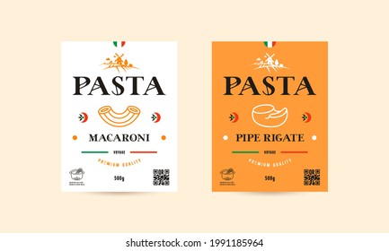 Label design for packaging of pasta. Layout templates on white and orange background