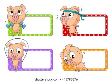 Label design with pig exercising illustration